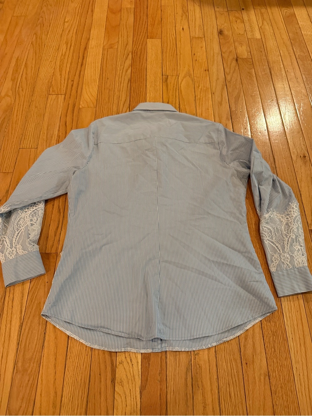 Blue Pinstripe Button-Up Shirt with White Lace Trim cotton - Picture 5 of 7